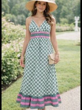 J Crew Poplin Green Patterned Backless Maxi Dress with Pink Trim Size XS